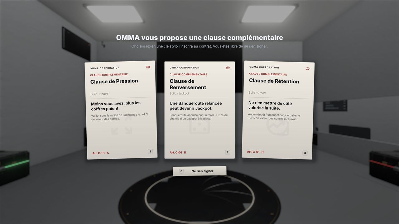Trois feuillets de clause proposés par OMMA, et une bande « Ne rien signer ».